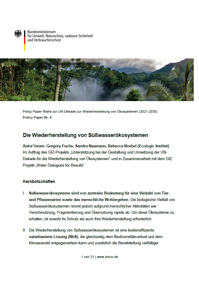 Cover page of Policy Paper No. 8 from the series on the UN Decade of Ecosystem Restoration (2021-2030), titled 'The Restoration of Freshwater Ecosystems.' The page features the logo of the German Federal Ministry for the Environment, Nature Conservation, Nuclear Safety, and Consumer Protection at the top. Below is an image of a misty rainforest. The authors listed are Gregory Fuchs, Sandra Naumann, and Rebecca Noebel from the Ecologic Institute, with a reference to the GIZ project.