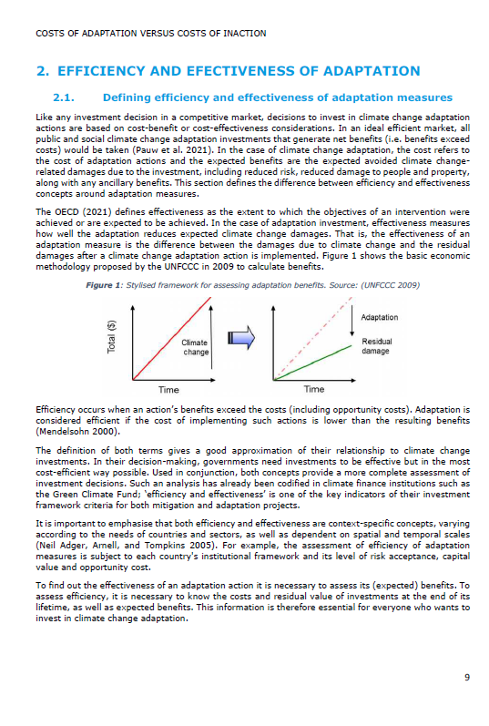 Document page explaining 'Efficiency and Effectiveness of Adaptation' with a focus on climate change adaptation investments. Includes a 'Stylized framework for assessing adaptation benefits' graph depicting the impact of adaptation over time, from a UNFCCC 2009 source. Text discusses how efficiency and effectiveness inform government investments in climate change, mentioning the Green Climate Fund and the necessity of evaluating adaptation actions.