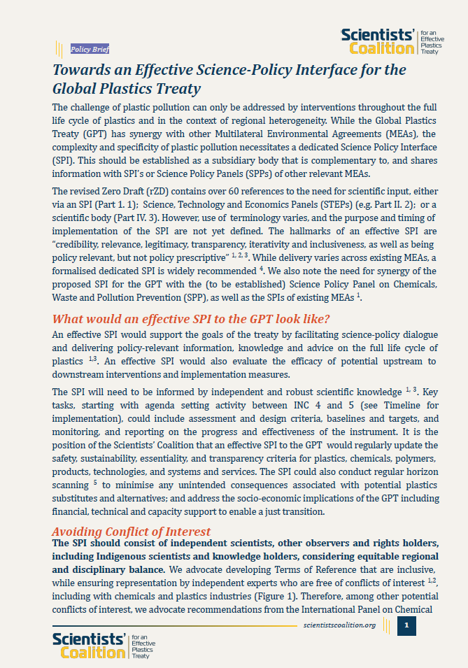 Document page titled 'Towards an Effective Science-Policy Interface for the Global Plastics Treaty'. The page discusses the complexity of plastic pollution and the necessity for a dedicated Science Policy Interface (SPI) to complement and inform the Global Plastics Treaty, stressing the importance of independent scientific input and a focus on interventions across the entire life cycle of plastics.