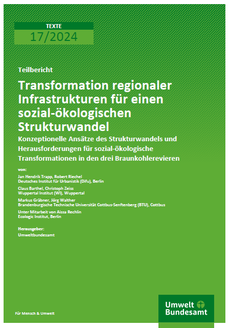 Cover of the 'TEXTE' series report number 17/2024 titled 'Transformation regionaler Infrastrukturen für einen sozial-ökologischen Strukturwandel', translating to 'Transformation of regional infrastructures for a socio-ecological structural change'. The report provides conceptual approaches to structural change and challenges for socio-ecological transformations in three lignite mining regions. The authors from various German research institutions are listed.