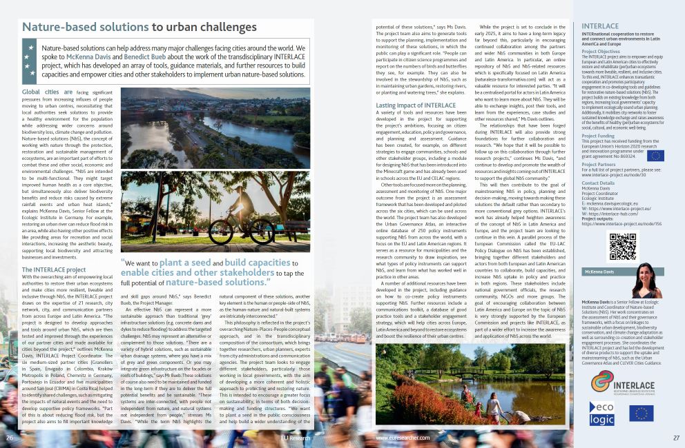 Double-page article entitled ‘Nature-based solutions to urban challenges’ from a publication. The article describes the INTERLACE project. In addition to text, the page contains images, including a green park landscape, a woman on a bicycle in an urban environment and people working on a riverbank. Logos of INTERLACE, Ecologic Institute and partner organisations as well as a QR code are also shown.