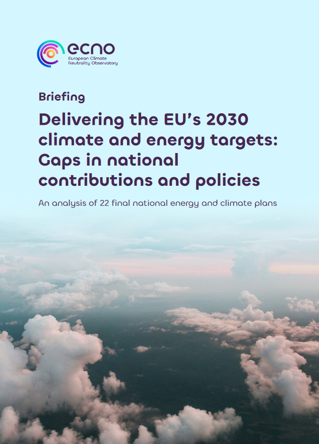 **Alt text:**   Cover of a briefing titled "Delivering the EU’s 2030 climate and energy targets: Gaps in national contributions and policies" by the European Climate Neutrality Observatory, showing a cloudy sky viewed from above.