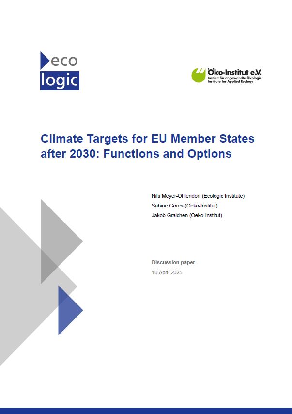 The image shows the cover of a discussion paper titled 'Climate Targets for EU Member States after 2030: Functions and Options.' The paper is authored by Nils Meyer-Ohlendorf (Ecologic Institute), Sabine Gores (Oeko-Institut), and Jakob Graichen (Oeko-Institut). The publication is from 10 April 2025 and includes the logos of Ecologic Institute and Oeko-Institut.