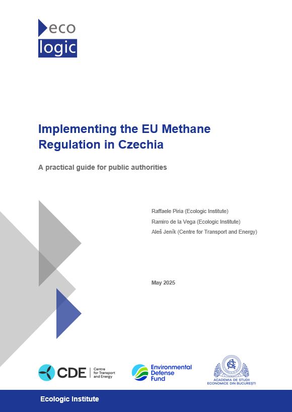 Cover page of a policy guide titled "Implementing the EU Methane Regulation in Czechia – A practical guide for public authorities." Authors: Raffaele Piria and Ramiro de la Vega (Ecologic Institute), Aleš Jenik (Centre for Transport and Energy). Published in May 2025. Logos of the Ecologic Institute, CDE, Environmental Defense Fund, and ASE Bucharest are shown at the bottom.