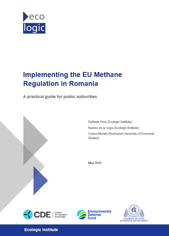 Cover page of a policy guide titled "Implementing the EU Methane Regulation in Romania – A practical guide for public authorities." Authors: Raffaele Piria and Ramiro de la Vega (Ecologic Institute), Corina Murafa (Bucharest University of Economic Studies). Published in May 2025. Logos of the Ecologic Institute, CDE, Environmental Defense Fund, and ASE Bucharest are shown at the bottom.