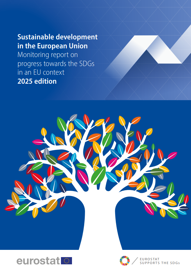 Cover of the report titled 'Sustainable development in the European Union: Monitoring report on progress towards the SDGs in an EU context, 2025 edition' by Eurostat. The design features shades of blue with a colorful tree graphic in the lower half.