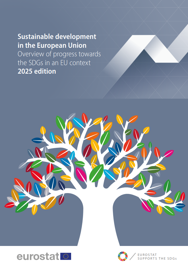 Cover of the 2025 edition of Eurostat’s “Overview of progress towards the SDGs in an EU context.” The design mirrors the full report cover, featuring a white tree with multicolored leaves, this time on a grey-blue background. The Eurostat and SDG logos appear below the tree.