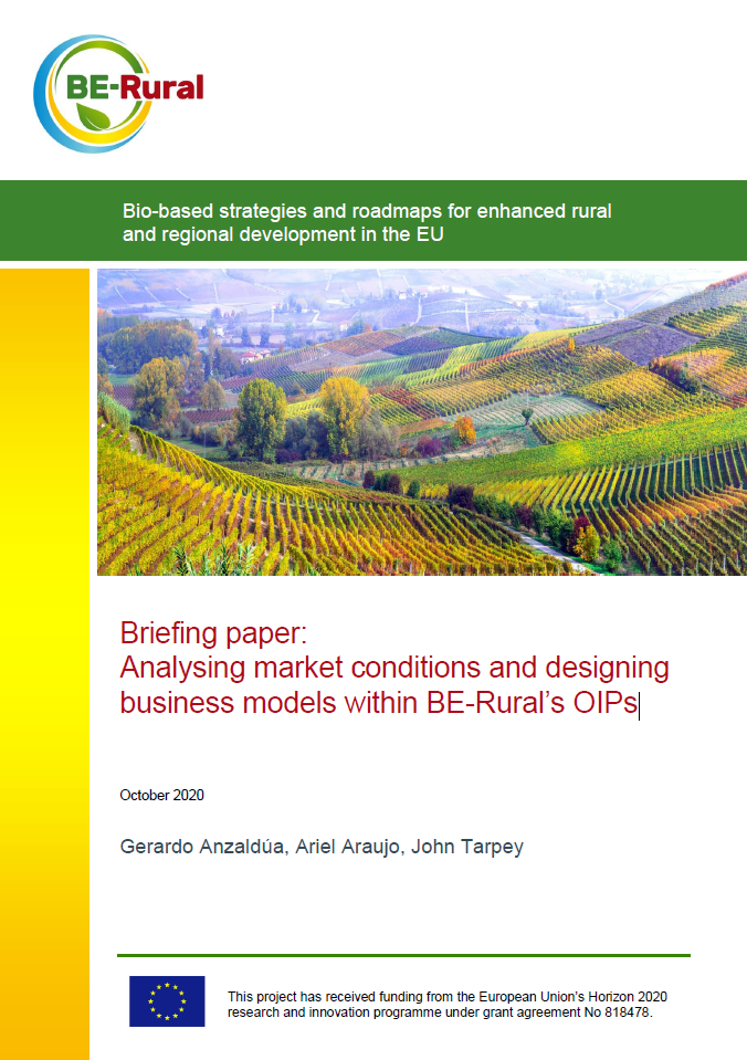 Cover page of a BE-Rural briefing paper titled “Analysing market conditions and designing business models within BE-Rural’s OIPs.” The image shows colorful, hilly agricultural landscapes with vineyards and forest patches. The subtitle indicates the report's focus on bio-based strategies for rural and regional development in the EU. Authors: Gerardo Anzaldúa, Ariel Araujo, John Tarpey. Dated October 2020. The project is funded by the EU Horizon 2020 programme.