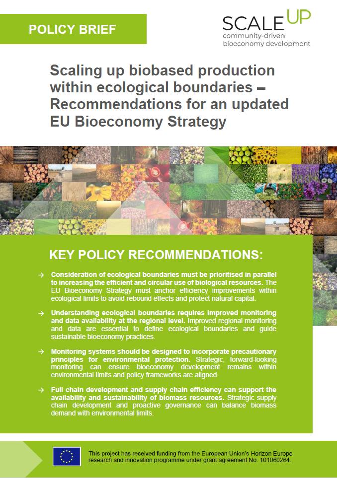 Cover page of a policy brief from the SCALE-UP project titled “Scaling up biobased production within ecological boundaries – Recommendations for an updated EU Bioeconomy Strategy”. Below the title, key policy recommendations are listed. The upper section shows a mosaic of nature and biomass imagery, and the bottom includes an EU funding disclaimer.