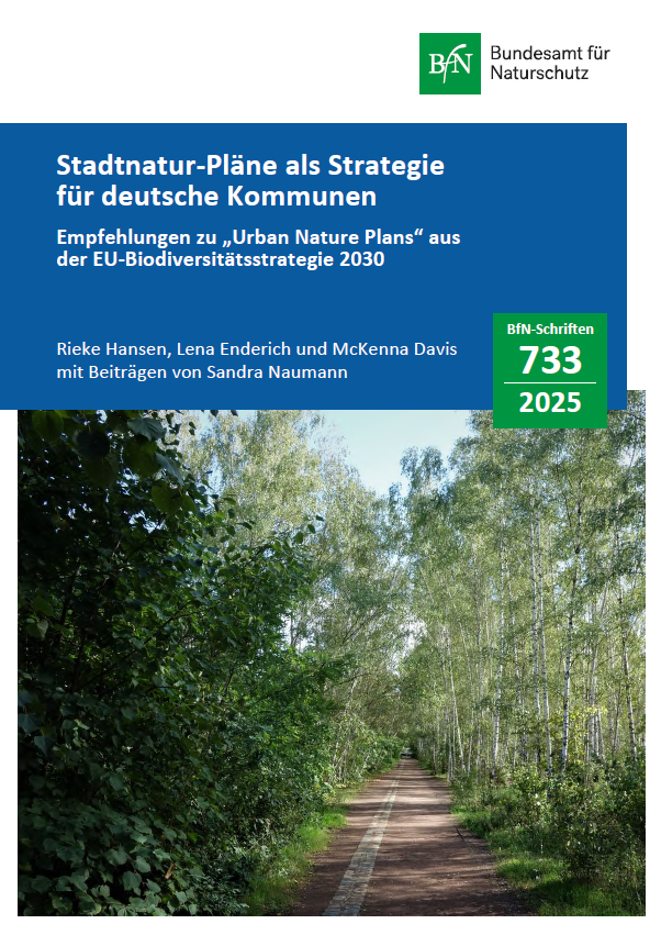 Cover page of BfN publication 733 “Urban Nature Plans as a Strategy for German Municipalities”. Recommendations on Urban Nature Plans from the EU Biodiversity Strategy 2030. Authors: Rieke Hansen, Lena Enderich, McKenna Davis, with contributions by Sandra Naumann. The image shows a paved path through a light birch forest.