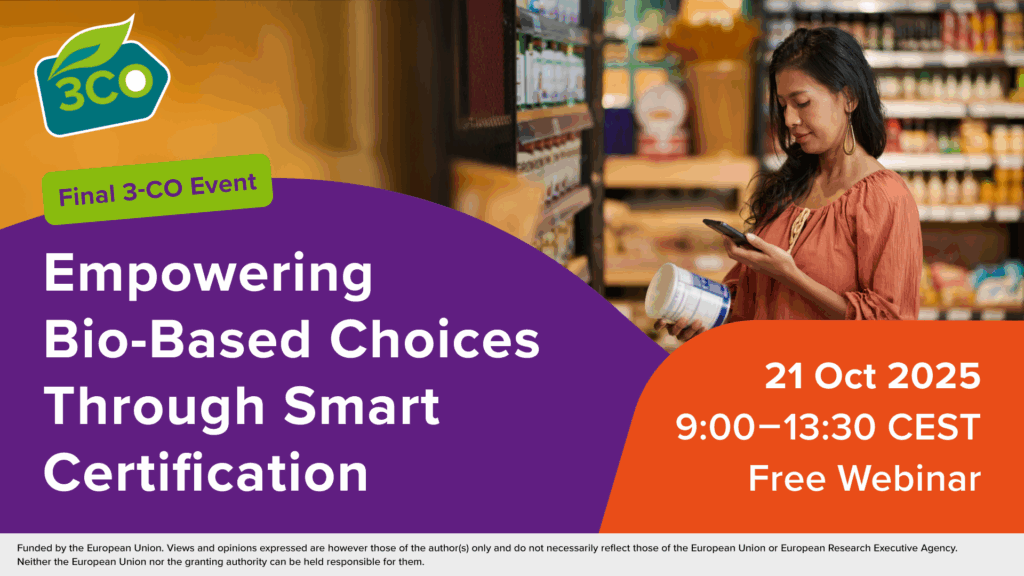 A promotional banner for the final 3-CO event titled "Empowering Bio-Based Choices Through Smart Certification", featuring a woman scanning a product in a supermarket. The event takes place on 21 October 2025 from 9:00 to 13:30 CEST and is advertised as a free webinar. The 3-CO logo appears in the top left corner.
