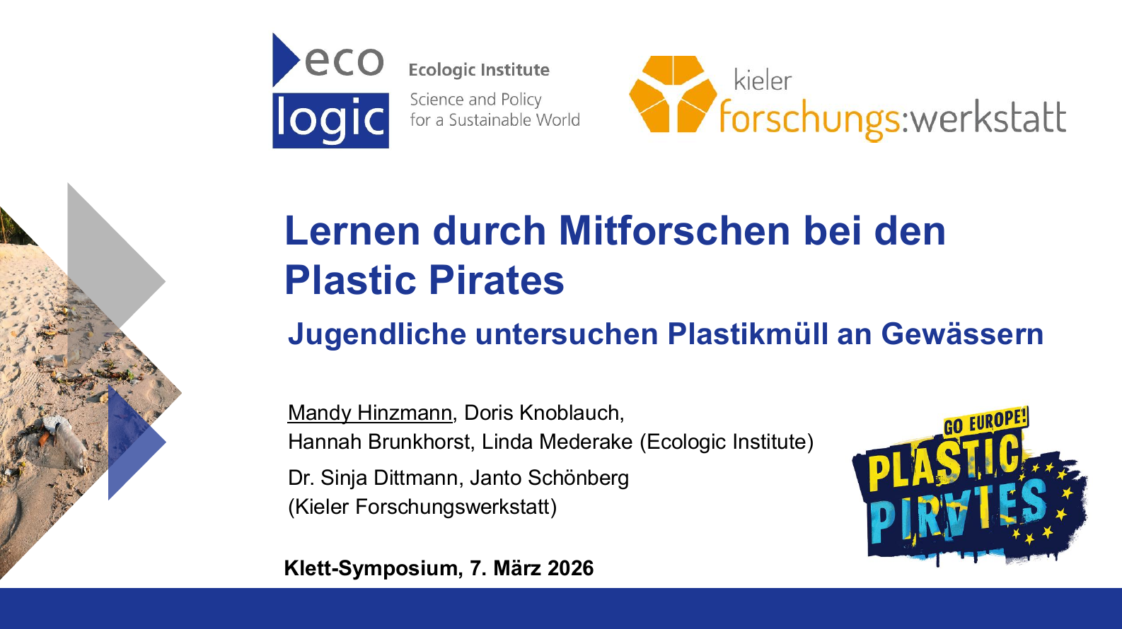Presentation slide about the Plastic Pirates citizen science project, where young people investigate plastic pollution in rivers and other water bodies, shown at the Klett Symposium 2026.