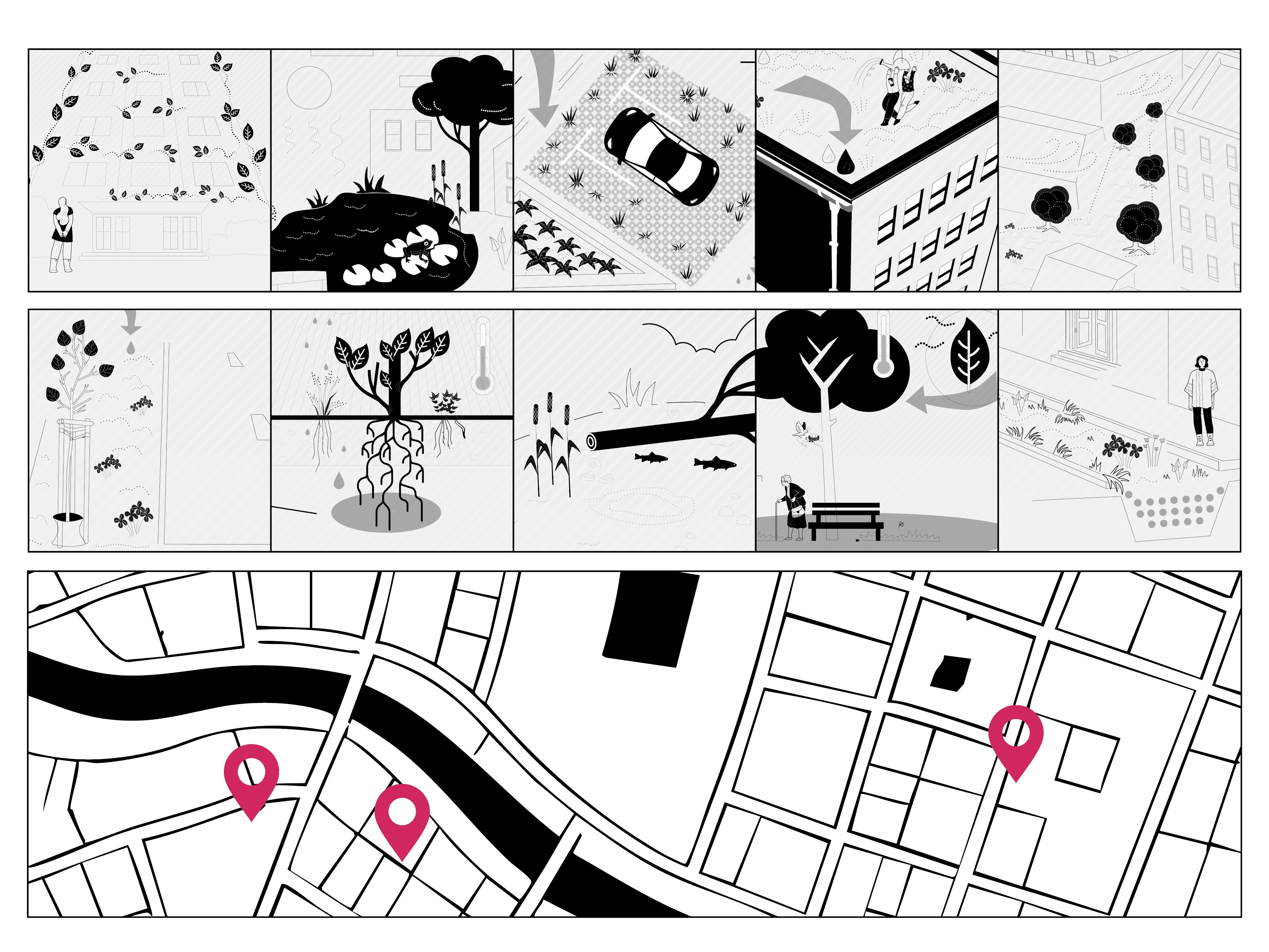 Black-and-white illustration showing urban nature-based solutions, including trees, water management, and green infrastructure, alongside a city map with marked locations.