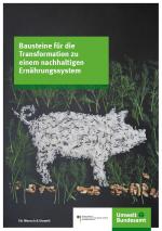 Image of a pig silhouette made out of rice grains on a dark background, surrounded by dill herbs and walnut pieces scattered at the bottom. Include a green banner at the top with the text 'Bausteine für die Transformation zu einem nachhaltigen Ernährungssystem' in bold white font, and a smaller green banner at the bottom with the text 'Für Mensch & Umwelt' alongside the logo of 'Umweltbundesamt' on the right side."