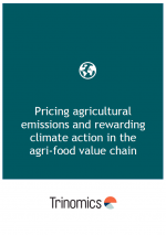 Report cover with a deep teal background. At the top, a small white circular logo with a stylized image of the Earth. Below the logo, in large, white, sans-serif font, the title 'Pricing agricultural emissions and rewarding climate action in the agri-food value chain'. At the bottom of the cover, the company logo 'Trinomics' with its characteristic half-circle colored graphic.