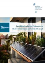 Cover of a publication titled 'Restrictions on the Use of Photovoltaic Electricity in Buildings'. The image shows solar panels on a balcony with lush plants in the background and a city skyline in the distance. In the top right corner is the logo of the Federal Institute for Research on Building, Urban Affairs and Spatial Development next to the title. The names of the authors are listed below: Katharina Umpfenbach, Lina-Marie Dück, Tobias Kelm, Felix Dengler, Ricarda Faber, and Michael Jakob.