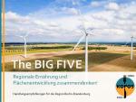 1st page of the policy brief "The BIG FIVERegionale Ernährung und Flächenentwicklung zusammendenken! Handlungsempfehlungen für die Region Berlin-Brandenburg". Image of an agricultural landscape with wind turbines, with the title in front of it. The KOPOS project logo at the bottom right.