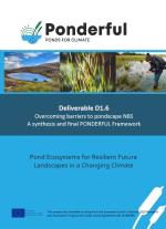 Cover of the PONDERFUL project report titled *Deliverable D1.6: Overcoming barriers to pondscape NBS – A synthesis and final PONDERFUL Framework*. The cover features the Ponderful logo, images of ponds, wetland plants, and a researcher working in a pond. The tagline reads: *Pond Ecosystems for Resilient Future Landscapes in a Changing Climate*. The project is funded by the European Union’s Horizon 2020 program.