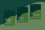 Three publication covers from the "Sectoral Brief" series by the GoNaturePositive! project. Titles: “Agri-food Systems”, “Forestry”, and “Built Environment”. The covers feature dark green tones and display both the EU and GoNaturePositive! logos at the top.