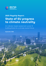 Cover page of the "2025 Flagship Report: State of EU progress to climate neutrality" by the European Climate Neutrality Observatory (ECNO). The image shows a panoramic view of a green urban park with various climate-related icons overlayed, and a city skyline in the background. The title highlights the report’s focus on indicator-based assessment across 13 building blocks for a climate-neutral future. Dated September 2025.