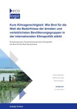 Cover of the report "Kurs Klimagerechtigkeit: Wie Brot für die Welt die Bedürfnisse der ärmsten und verletzlichsten Bevölkerungsgruppen in der internationalen Klimapolitik stärkt. Evaluierung des Themenschwerpunkts Klimapolitik bei Brot für die Welt Deutschland"