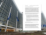Photo of the European Commission headquarters in Brussels with EU flags in front of the building, overlaid with a document titled “Scientific Statement on pesticides in the Omnibus Package.” The image illustrates EU policy discussions and scientific recommendations on pesticide regulation and environmental protection.