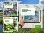 Collection of three guides by the German Environment Agency (Umweltbundesamt) on nature-based climate adaptation for municipalities, including inclusive public engagement, effective communication, and the use of urban climate maps, illustrated with community scenes, a microphone, and a digital map on a tablet.