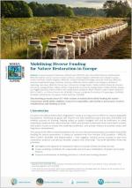 Policy brief titled “Mobilising Diverse Funding for Nature Restoration in Europe,” part of the EU MERLIN project, featuring a landscape with rows of glass jars symbolising funding diversity alongside detailed text on financing nature-based solutions and ecosystem restoration.
