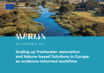 MERLIN Deliverable D3.7 report cover on scaling up freshwater restoration and nature-based solutions in Europe, featuring an aerial view of a river landscape with wetlands, labeled as an EU-funded project.