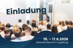 Blurred conference scene with an audience seated in rows facing a speaker at the front. Overlaid text reads “Einladung” and “15–17 June 2026, Status Conference in Augsburg.” The lower part of the image features a blue wave design.