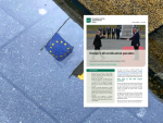 Cover of the NUPI policy brief “Europe’s diversification paradox” displayed over a photograph of the EU flag reflected in a rain puddle.