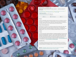 An illustration accompanying a specialist article on sustainability in pharmaceutical and medical education in Germany. Against a background of multi-coloured medicine blister packs, an excerpt from the online publication is shown, featuring the title, authors, abstract and keywords.