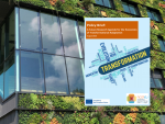 Graphic featuring the ACCREU policy brief “A Future Research Agenda for the Economics of Transformational Adaptation”. The publication cover, with a word cloud centred on “Transformation”, is shown against the green façade of a modern building.