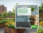 Graphic featuring the German Environment Agency’s guide on assessing the costs and benefits of nature-based solutions for climate adaptation. The publication cover, showing a plant growing from a glass filled with coins, is set against a green urban landscape with flower beds and buildings.
